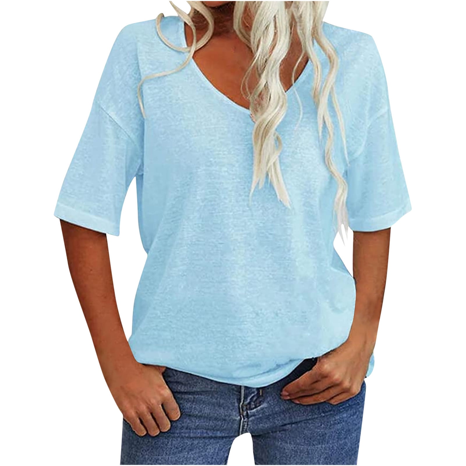 Cathalem Womens Oversized T Shirts Crewneck Short Sleeve Casual Summer Tops  Lightweight Loose High Low Blouse,Light Blue L 