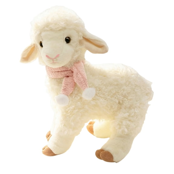 Standing Lamb Plush Toy 12 inch Soft Stuffed Sheep Doll with Scarf Cute Farm Animal Cuddle Companion for Home Decoration Birthday Gift