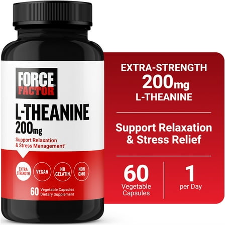 Force Factor L Theanine 200mg, L-Theanine Supplement for Stress Relief, Calm & Relaxation, Extra Strength, Vegan, Non-GMO, 60 Capsules