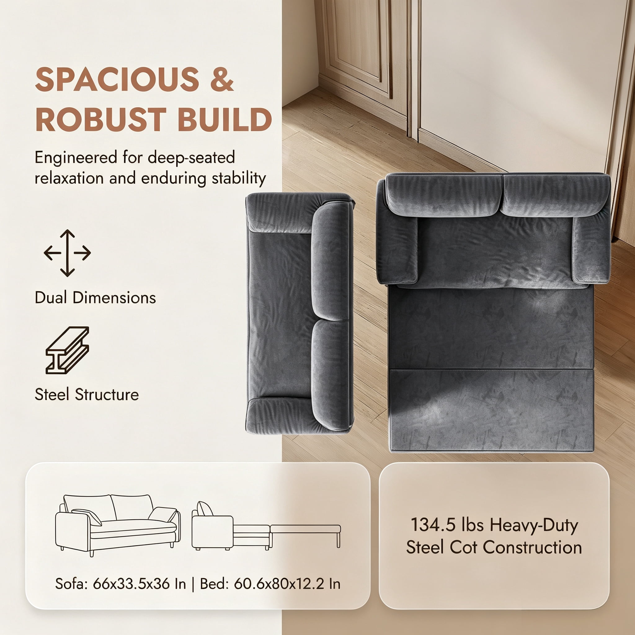 3-in-1 Queen Pull Out Sofa Bed, 66" Velvet Convertible Sleeper Couch with Deep Seat & Storage Pocket, Modern Folding Futon Sofa Bed, Dark Gray