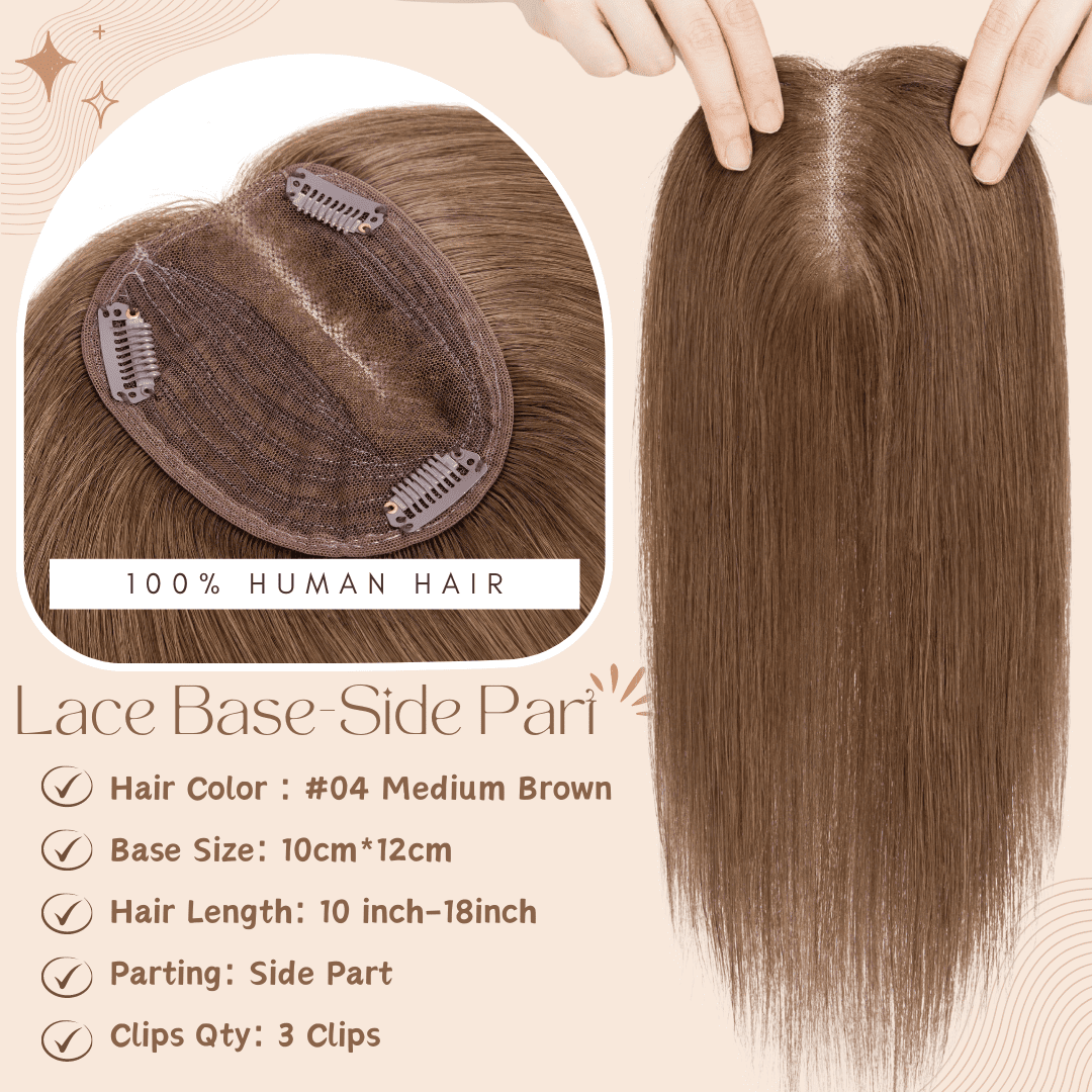 Benehair 10*12cm Side Part Clip In Hairpiece 100% Remy Real Human Hair Topper Hair Piece Wigs Handtied Lace Base For Woman Thin Hair Loss Top Piece Brown 10inch