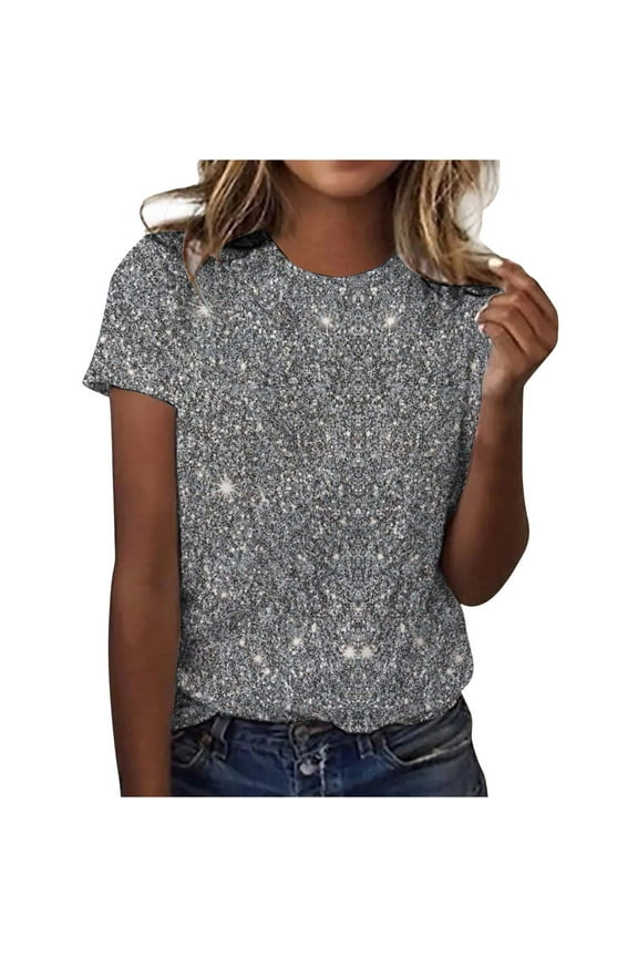 Womens Tops T Shirts Trendy Crewneck Short Sleeve Print Casual Fall Clothes for Women Tees Blouses Grey Size XL