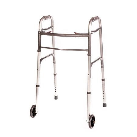 Healthline Walker Folding Two Button with Front 5 Inch Wheels, Adjustable Height, Lightweight Universal Walker Folding