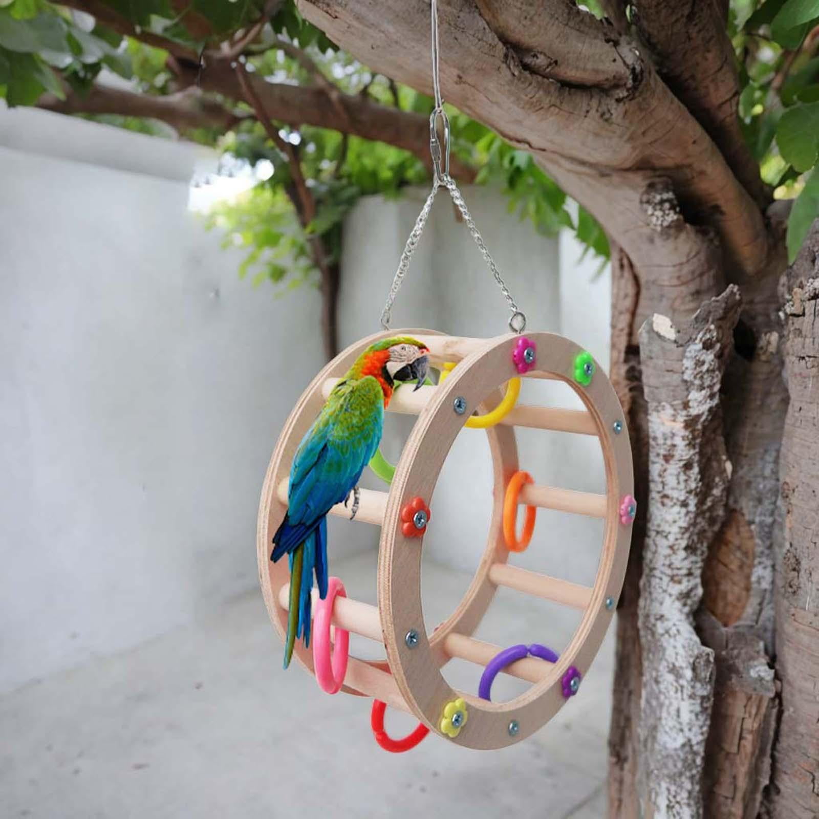 Tooyful Wooden Bird Wheel Toy Macaws Hanging Cockatoos Hanging Toy Bird Perch Stand Toy Nibbling Parakeet with Clorful Rings Parrot Chewing Toys diameter 22cm
