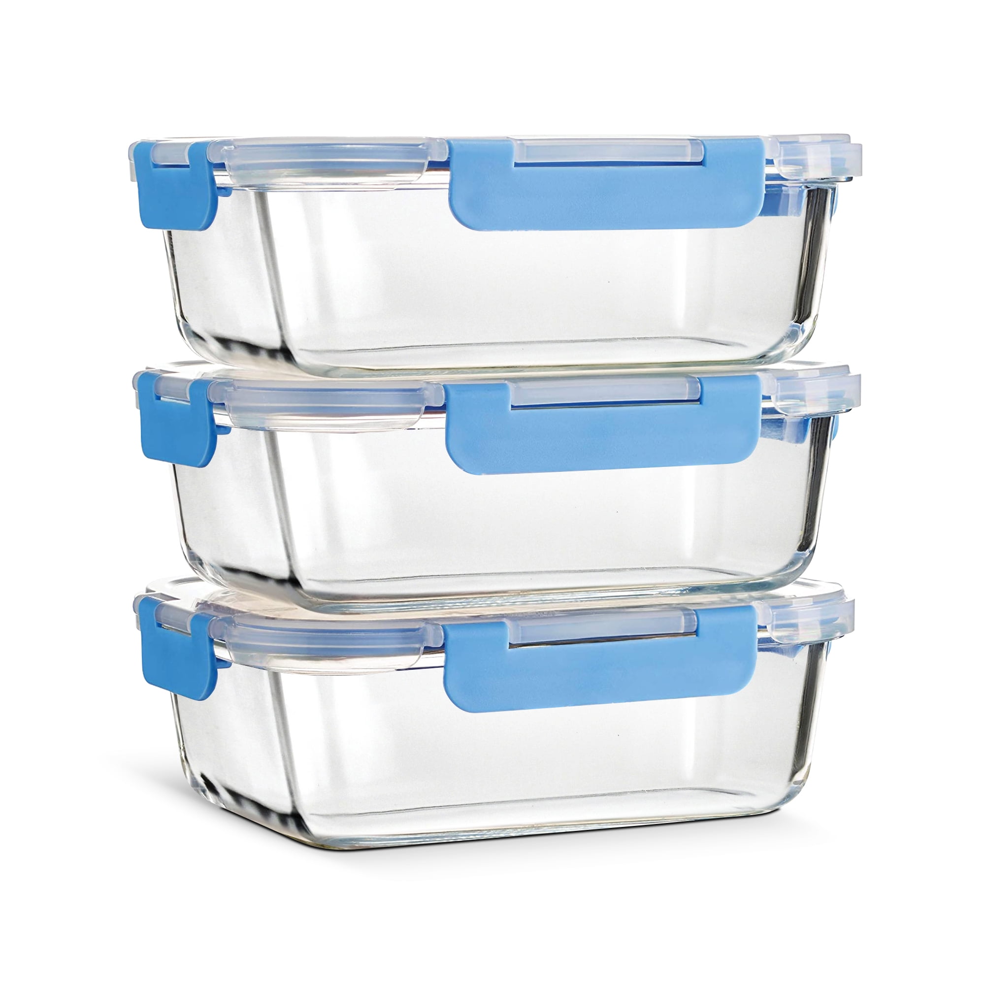 OSTO 3Pack Clear Glass Food Storage Containers with Blue Hinged Lids