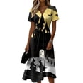thumbnail image 2 of Women's Halloween Dresses Pumpkin Bat V Neck Horror Midi Dresses Witch Hat Castle Short Sleeve Spooky Causal Dresses, 2XL, 2 of 5