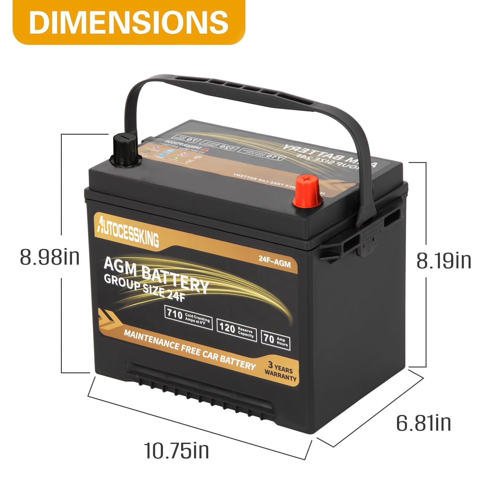 Autocessking Platinum AGM Battery, Group 24F Rechargeable Automotive Batteries for Car, 12 Volt 710 CCA 70Ah 120RC