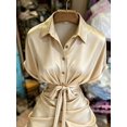 thumbnail image 4 of Gold Satin Collared Single-Breasted Tie-Waist Short Sleeve Shirt Dress, 4 of 4