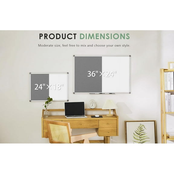 Combination Magnetic Whiteboard & Fabric Board, Dry Erase Board Bulletin Board 36x24inches Combo Vision Board for Wall, Home, School, Office