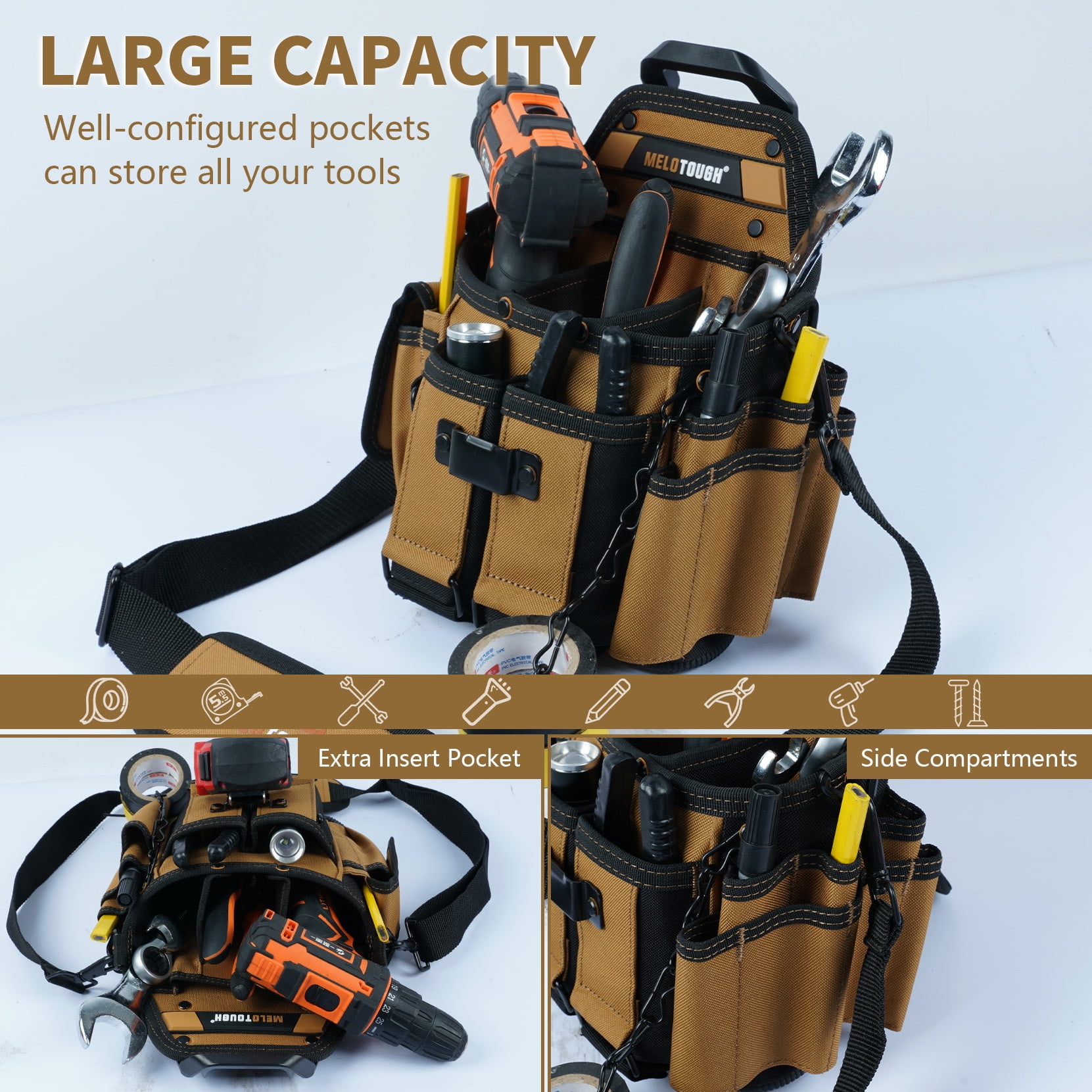 MELOTOUGH Electrician Tool Pouch Bag with Shoulder Strap Professional 15 Pockets Tool Pouch with Belt Clip Quickly Attach and Release Tool Bag