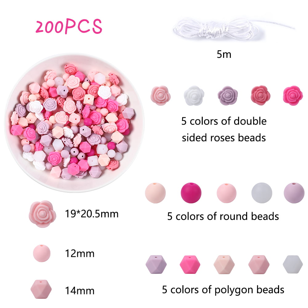 HA-EMORE 12 mm Silicone Beads Bulk DIY Necklace Bracelet Beads Round and  Polygonal and Rose Beads for Accessories Handmade Crafts Jewelry Keychain  Making 200pcs with 5M Rope 