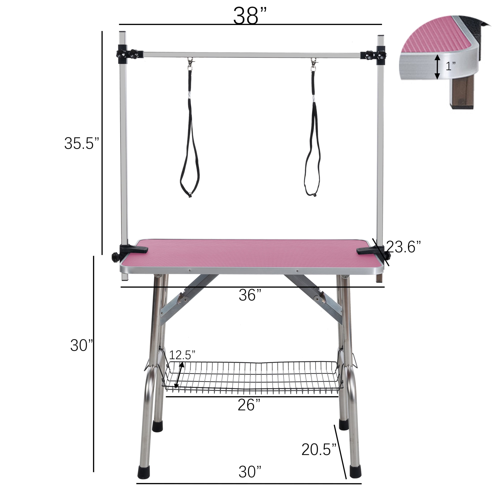 Leumius 36" Folding Pet Grooming Table with Adjustable Arm and Clamps Stainless Steel Frame for Dog and Cat Pink