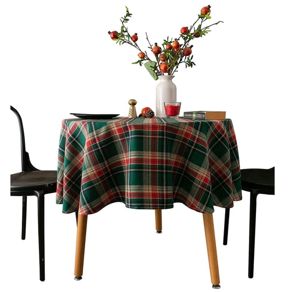Cotton Linen Round Tablecloth, Green Checker Plaid Table Cover for Dinners or Gatherings, Indoor or Ourdoor Parties, Holiday, Everyday Use,140cm Round