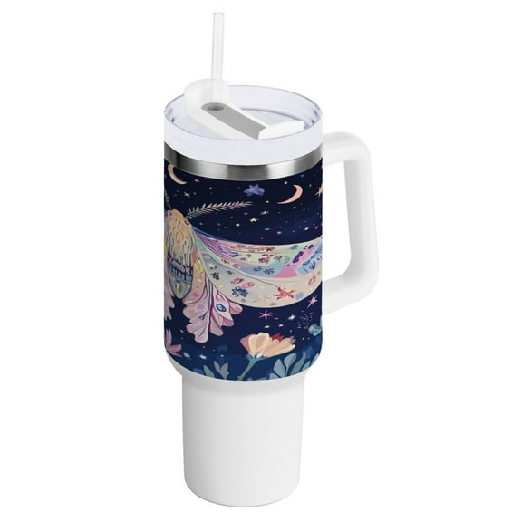 40 oz Tumbler with Handle and Straw Lid Moth Moon Flower Insulated Vacuum Water Bottle Stainless Steel Travel Cup