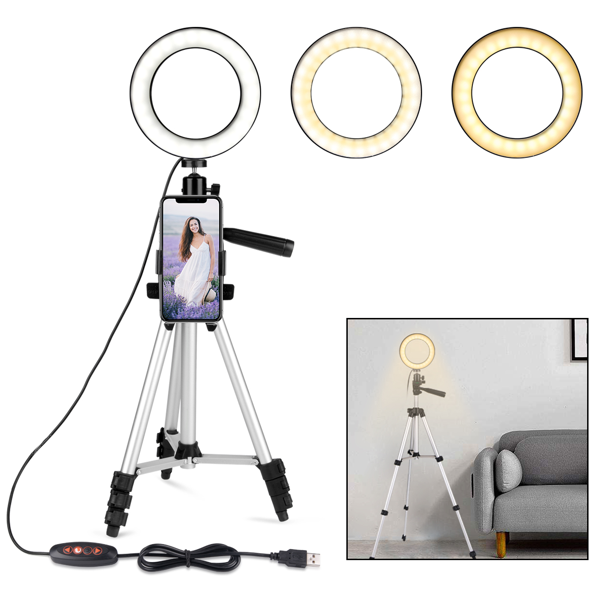 Ring Light LED 6" Avec Trépied - Pour Selfie, YouTube, Maquillage - 3 Modes Lumière, 11 Niveaux - Support Téléphone Inclus