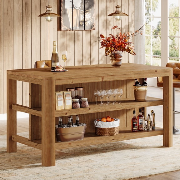 Finmind Solid Wood Bar Table, 63-Inch Counter Height Pub Table with Storage Shelves, Rectangular High Home Bar Furniture for Kitchen/Pub/Dining, Natural