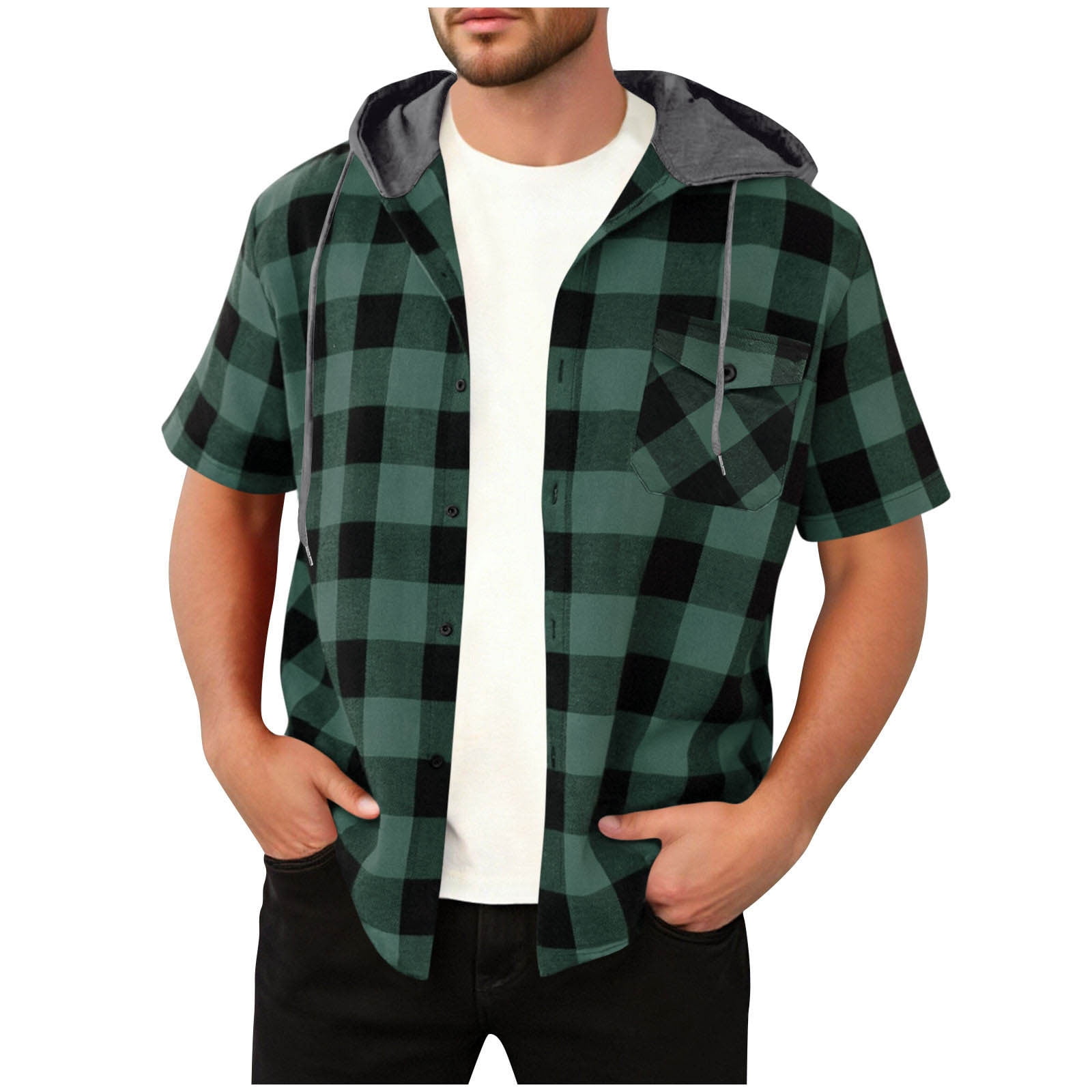 RXMEKW Patchwork Plaid Hooded Shirt for Men with Button Front and