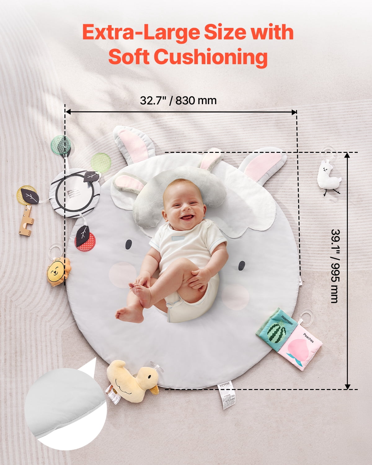 VEVOR Baby Play Gym Mat, Tummy Time Mat with 5 Sensory Toys, Baby Activity Mat with Light-up Musical Duck Toy for 0-18 Months Newborn Infant, Baby Essential Gift for Sensory & Motor Skill Development