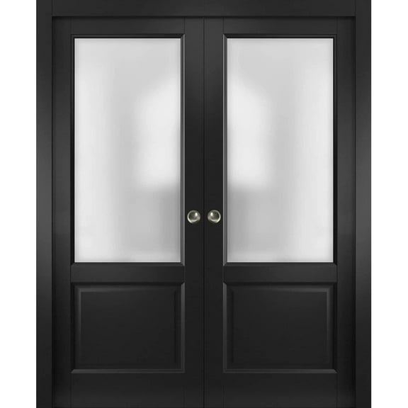 Sliding French Double Pocket Doors | Lucia 22 Matte Black with Rain Glass | Kit Trims Rail Hardware | Solid Wood Interior Bedroom Sturdy Doors