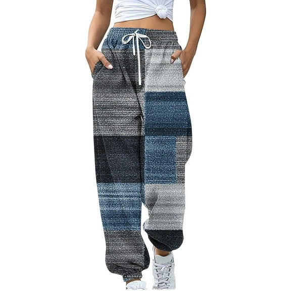 Arlun Cinch Bottom Sweatpants Womens Baggy Elastic High Waist Drawstring Joggers Trendy Floral/Gradient/Color-Blocked/Checkered Printed Casual Workout Trousers with Pockets Blue XL