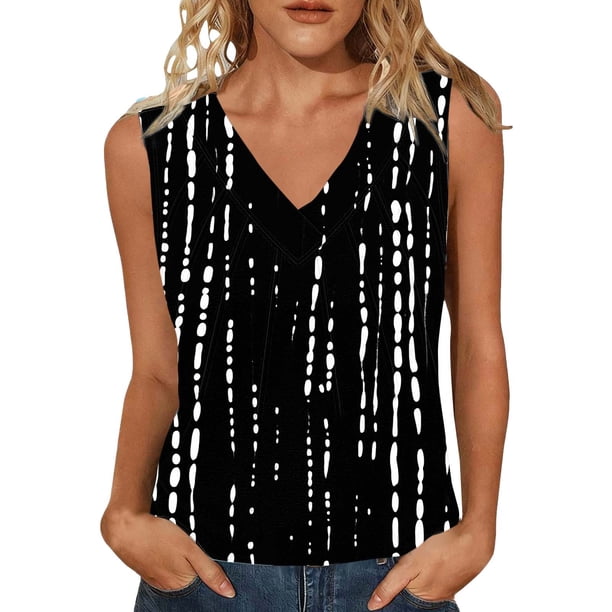 Mujeres sin mangas Tops verano no posicionado impreso rayas V-cuello capa base blusa casual, Mujeres V-cuello de verano Tops