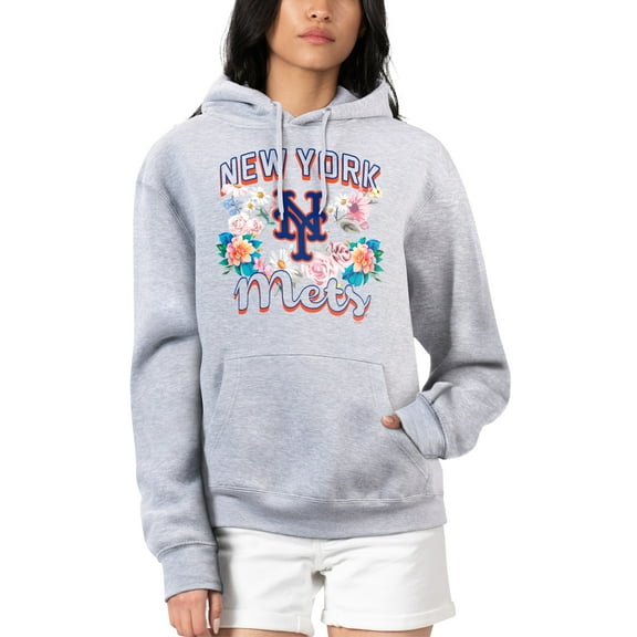 Women's G-III 4Her by Carl Banks Heather Gray New York Mets Flowers Graphic Pullover Hoodie
