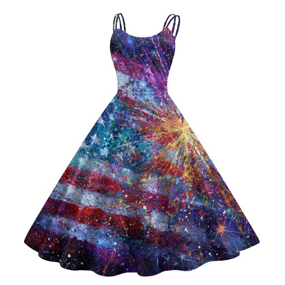 HAJWOH Women Independence Day Dresses 50s 60s Vintage Sleeveless Star and Stripe Print Cocktail Swing Dress Retro Patchwork Midi Evening Dress Multicolor XXXL