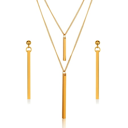 Goldtone Double Layer Bar Necklace and Earrings Jewelry Set