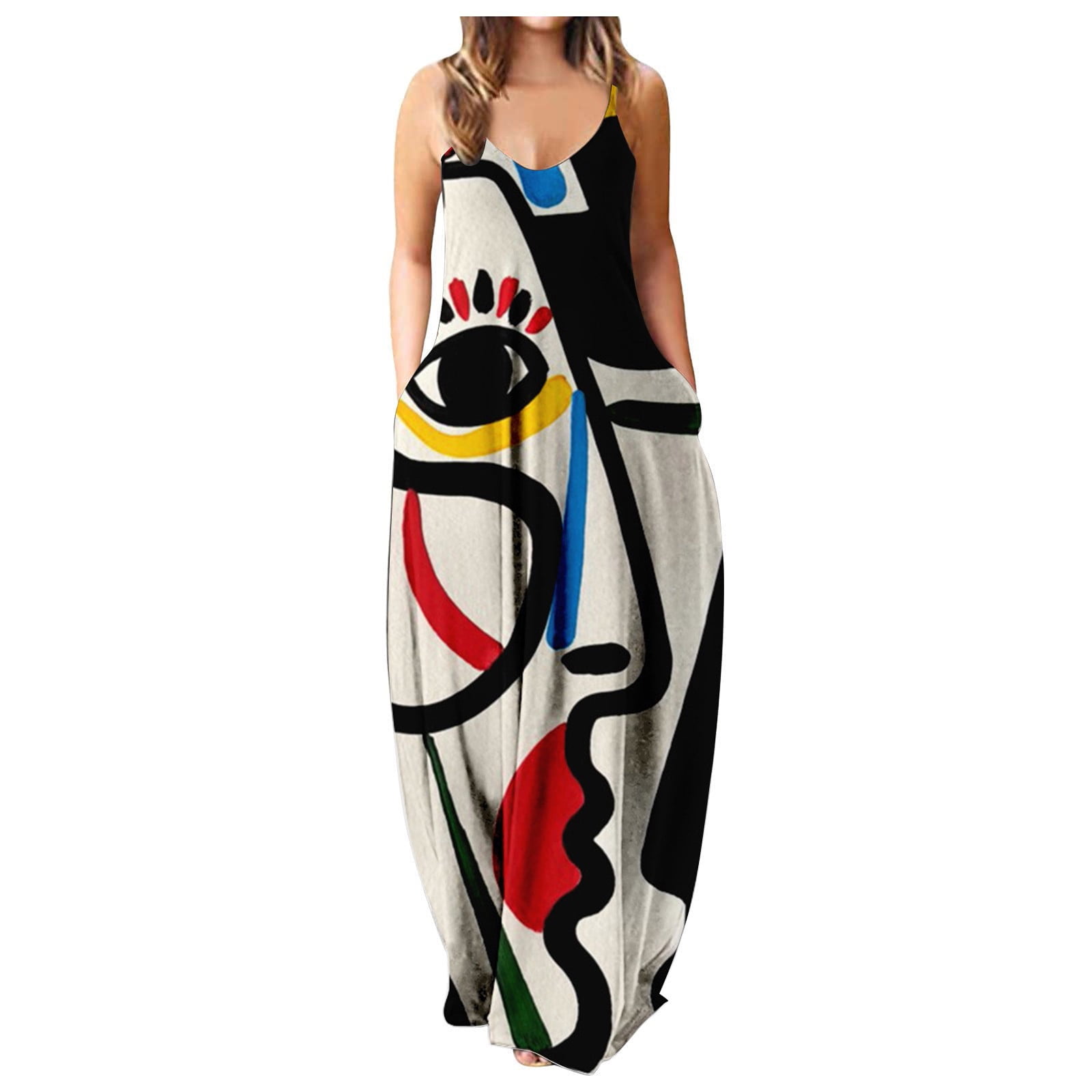 Oxodoi Hippie Soul Print Dress for Women Loose Daliy Boho Long Maxi Dress Casual Sleeveless Sundress Party Beach Tunic Dress