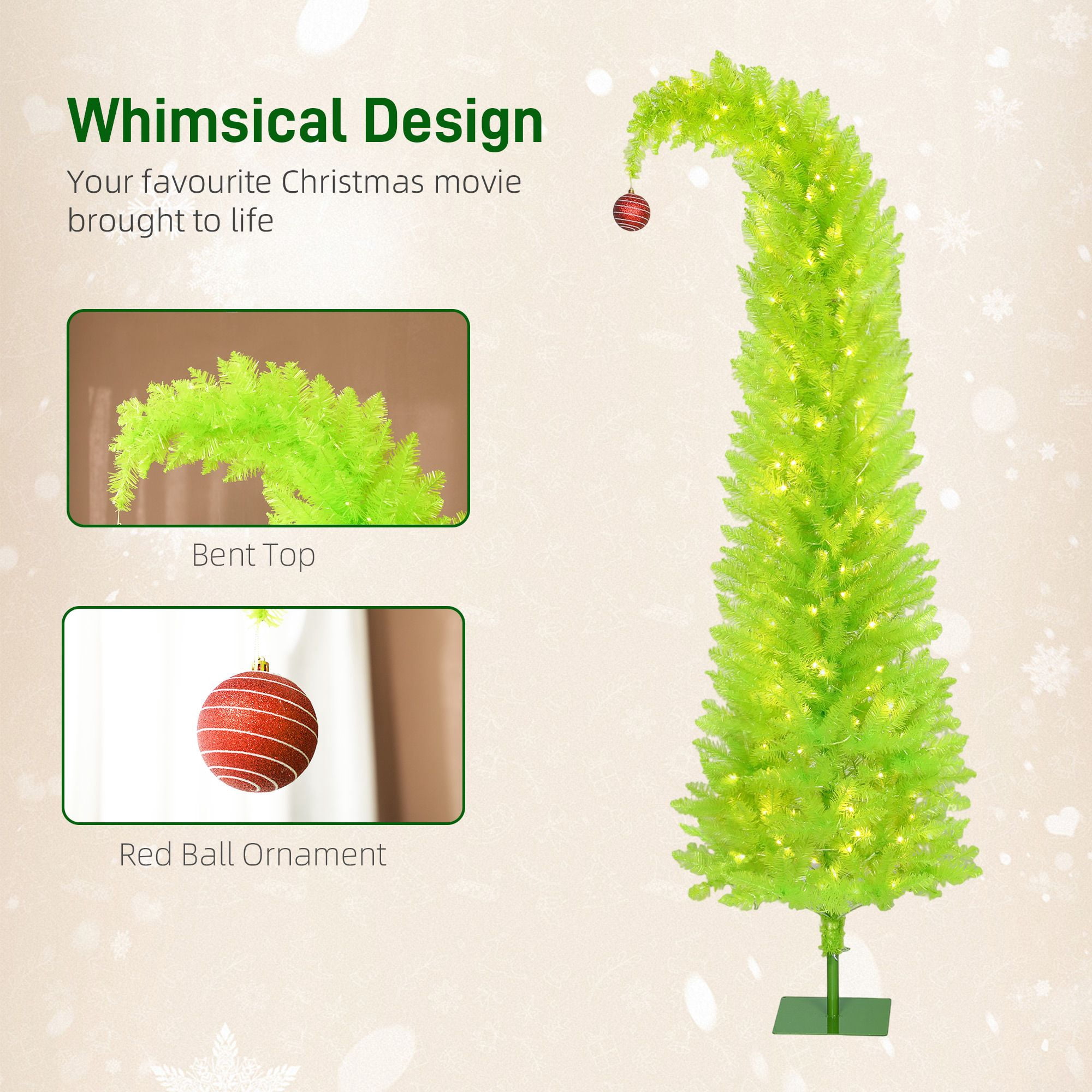 7 ft Prelit Pencil Christmas Tree with 250 Warm White LED Lights, 628 Tips, Bent Top with Red Ball, Slim Artificial Xmas Tree for Small Spaces and Apartments