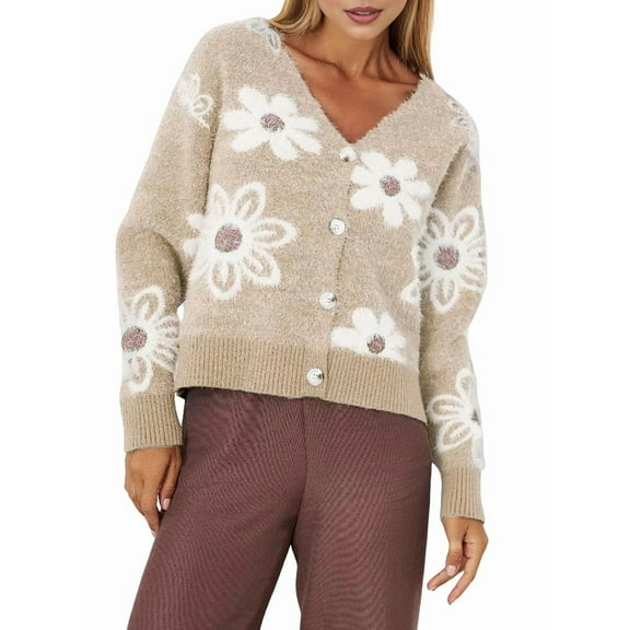 Women'S Floral Print Button Down Cardigan V Neck Drop Shoulder Knit Outerwear  M