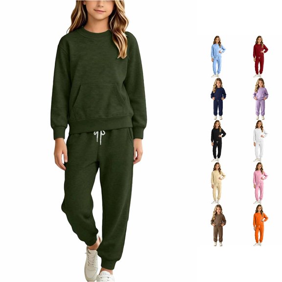 XAOFW Girl Outfits Long Sleeve Solid Color Sweatshirt Jogger Sweatpants Little Girls Fall Winter Cozy Clothes Sets 4-5 Years