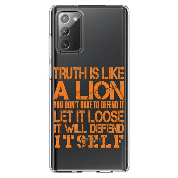 DistinctInk Clear Shockproof Hybrid Case for Samsung Galaxy Note 20 (6.7" Screen) - TPU Bumper Acrylic Back Tempered Glass Screen Protector - Truth is Like Lion - Don't Have to Defend