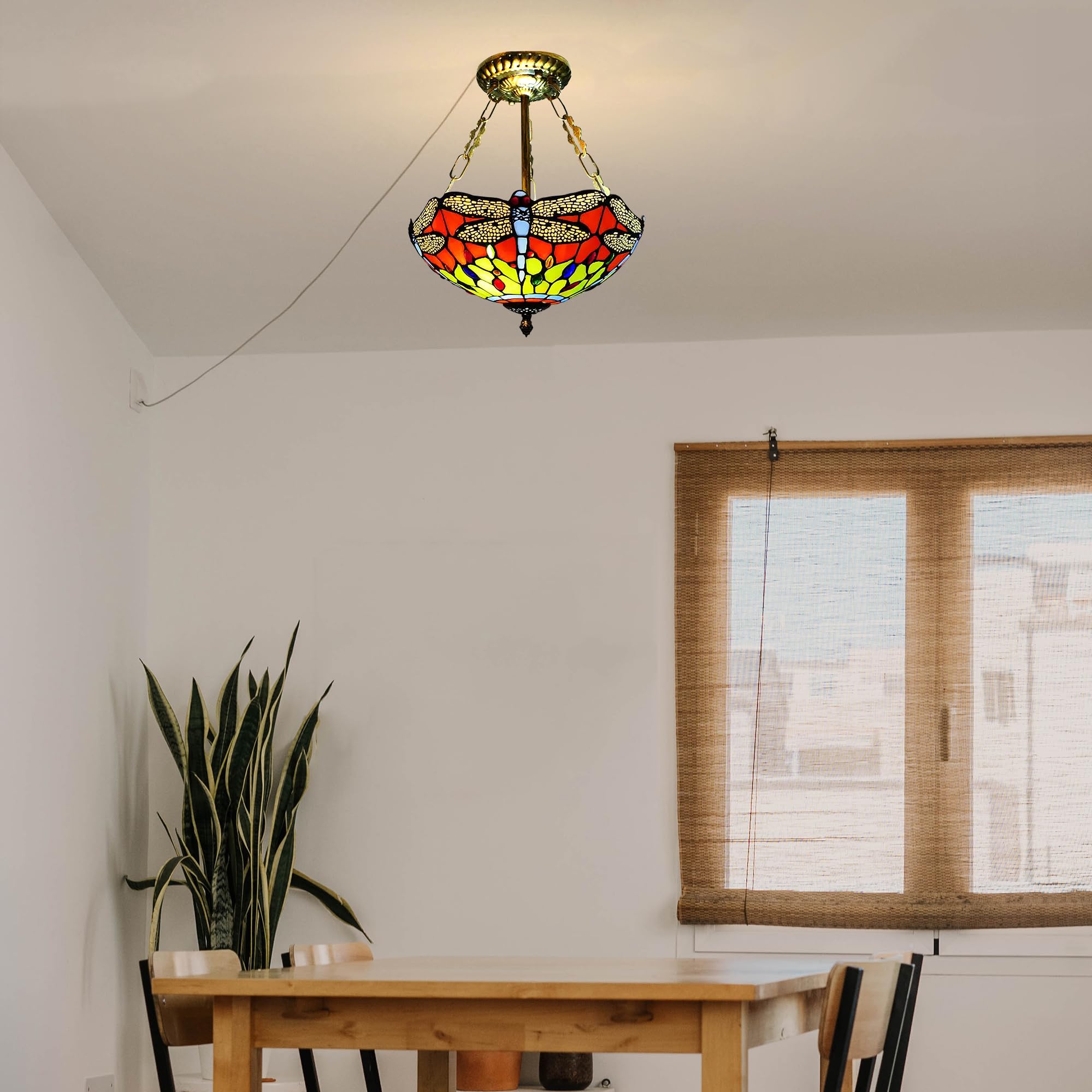 Kiven 11.8in Plug-in Flush Mount Ceiling Light Fixture, 2-Light Anti Glare Close to Ceiling Light with 15FT Cord, Tiffany-Style Glass Chandelier Dimmable for Bedroom Kitchen Hallway(No.3218)
