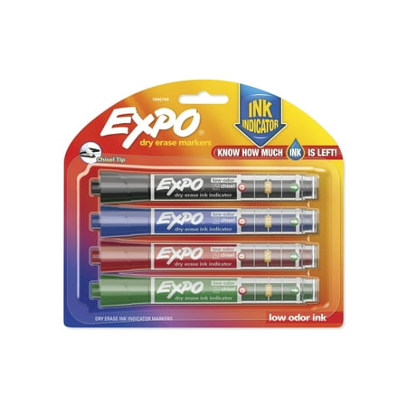 EXPO Dry Erase Markers with Ink Indicator, Chisel Tip, Assorted Colors, 4 Pack