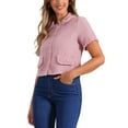 thumbnail image 4 of INSPIRE CHIC Women's Tweed Shirt with Tassel Cropped Length Spring Short Sleeve Shirt XS Pink, 4 of 6
