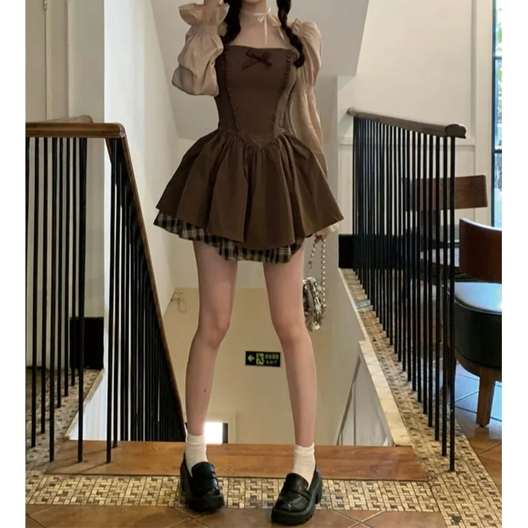 Kawaii Brown Mini Dress Women Fairycore Cute Vintage One Kawaii Brown Mini Dress Women Fairycore Cute Vintage One