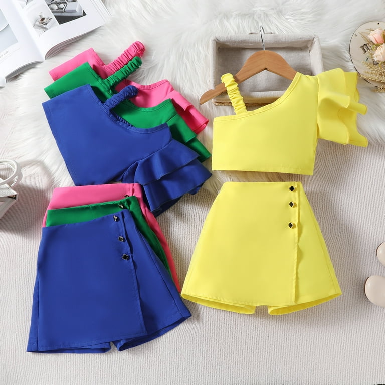 Little Child Kids Outfits Girls One Shoulder Tops And Skirt Solid