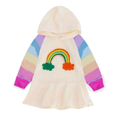 

SYNPOS 1-8T Toddler Kid Girl Sweatshirt Dress Long Sleeve Ruffle Hem Casual Pullover Hoodie Dresses Fall Clothes