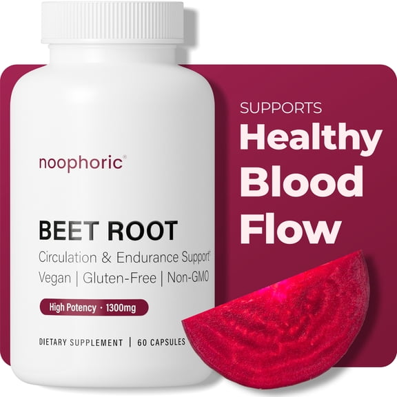 Noophoric Beet Root Capsules with 1300mg Organic Beetroot Powder for Blood Pressure, Heart Health, Circulation & Nitric Oxide Support, Stamina & Endurance, 60 Capsules