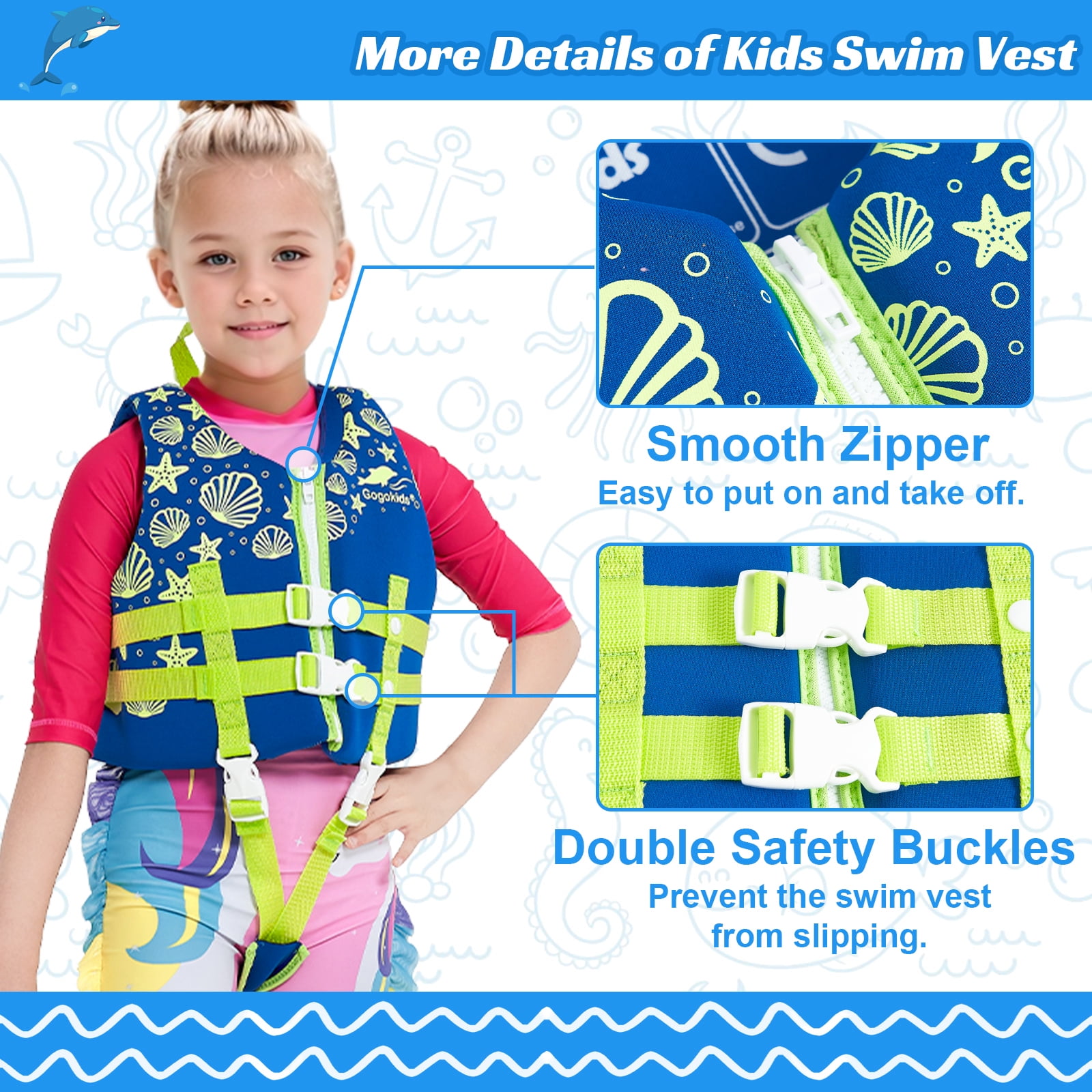 Gogokids Kids Swim Vest Life Jacket-Toddler Float Buoyancy Swimsuit Trainer Vests Swim Aid Jacket for Age 1-9 Years, Blue
