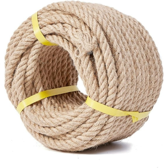 Heavy Duty Jute Rope - 1/2 Inch, 100 Feet, Natural Hemp, Twisted, Ideal for Crafts, Gardening, Bundling, Climbing, Hammock, Nautical, Tug of War, Railings, Home Decorating