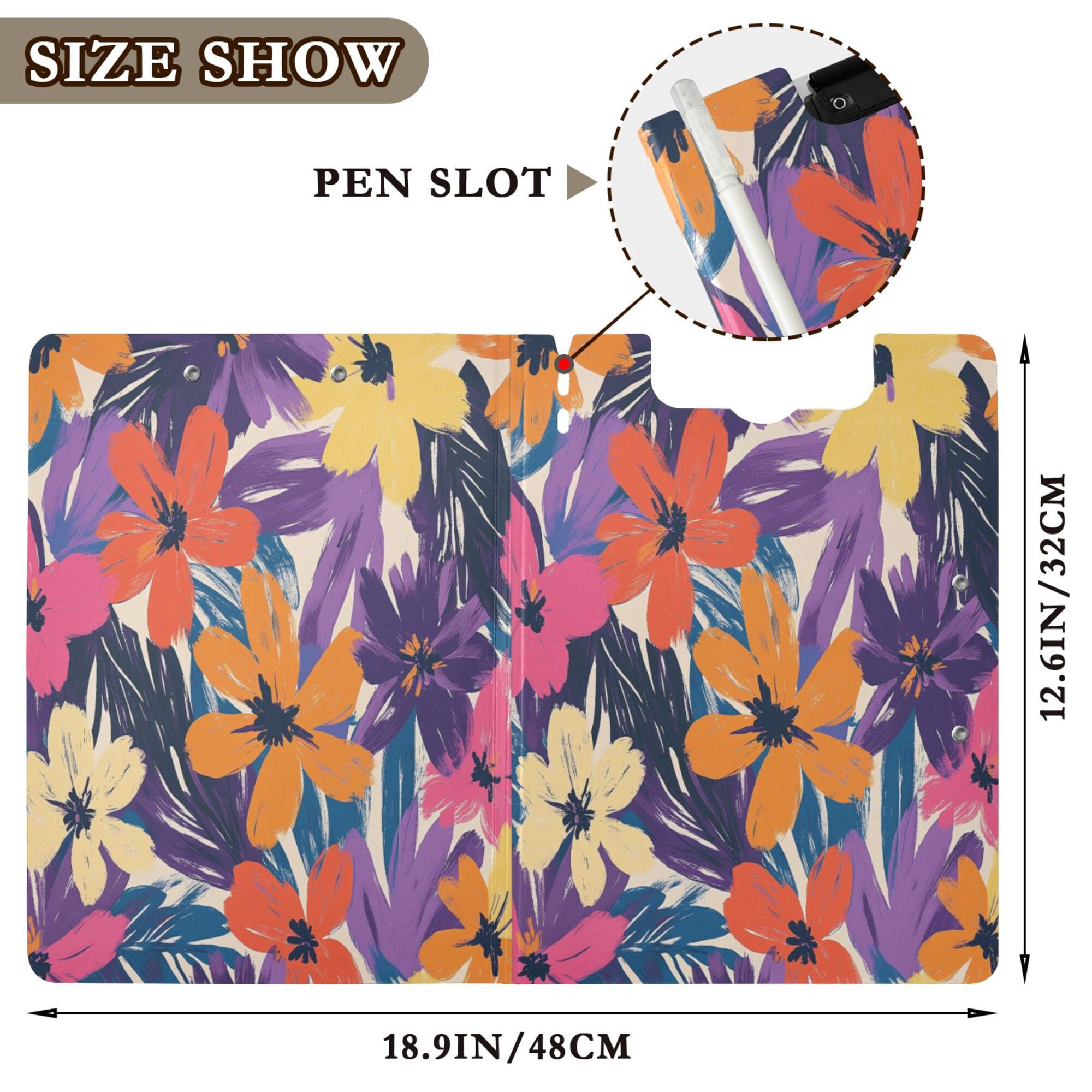 FORMRS A4 Clipboard Folder with Pen Holder Horizontal Foldable School Office Binder, Colorful Painted Flowers Pattern