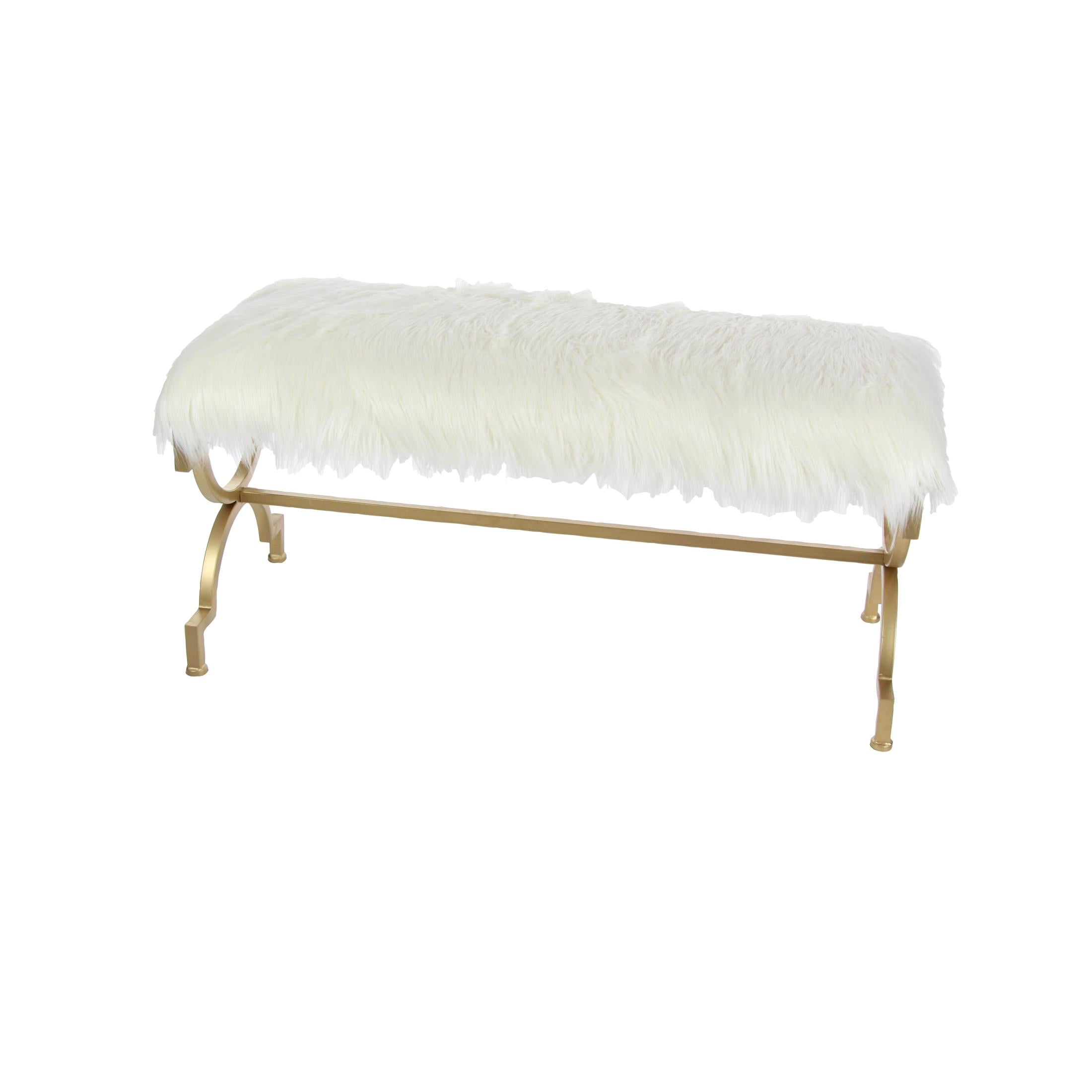 DecMode Metal Bench with White Faux Fur Top, Gold