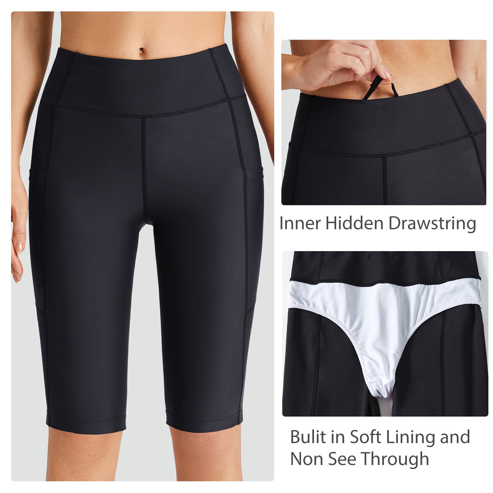 BALEAF Women's Long Swim Shorts Spf UV High Waisted Tummy Control Board Shorts with Pockets Black S - image 4 of 6