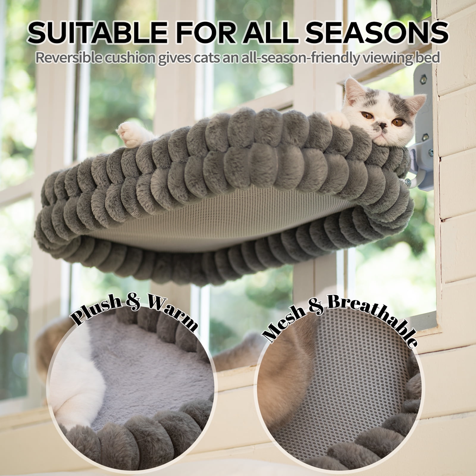CheerPals Cat Window Perch, 27*15in Double-Layer Foldable Pet Hammock for Wall with Suckers for indoor(Large,Gray)