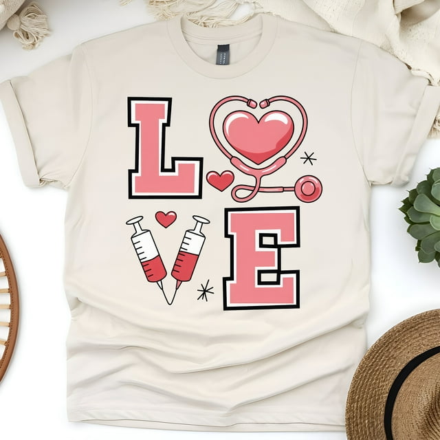 Nurse Love T-Shirt with Stethoscope and Syringe Graphic, Natural, Size L