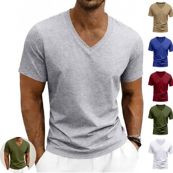 Mfakffe Mens V-Neck Short Sleeve T-Shirt Breathable Loose Fit Casual Athletic Tee Lightweight Basic Summer Tops for Daily Wear