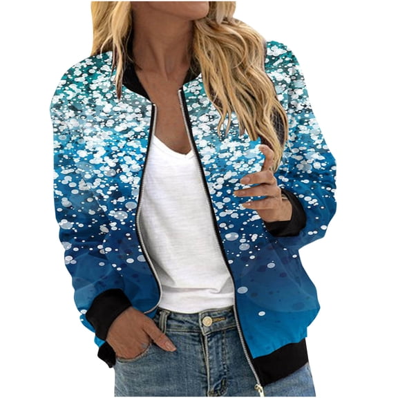 TFEOQRY Women's Cardigan Jacket Fashionable Printed Zipper Top Jacket with Pockets Long Sleeve Hoodless Outwear Blue
