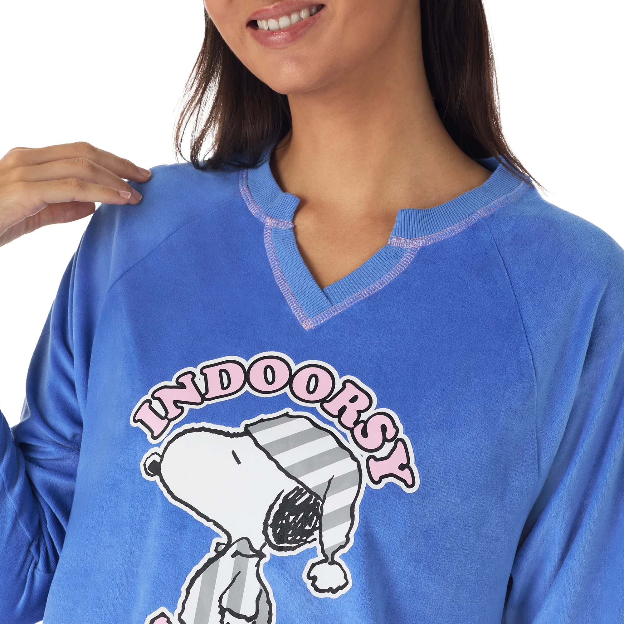 Richard Leeds International Womens Snoopy Peanuts Matching 2 Piece Long Sleeve Pajama Top & PJs Jogger Pants Set with Pockets - Soft & Cozy Sleep & Loungewear Pajamas Sets for Women, Blue, L